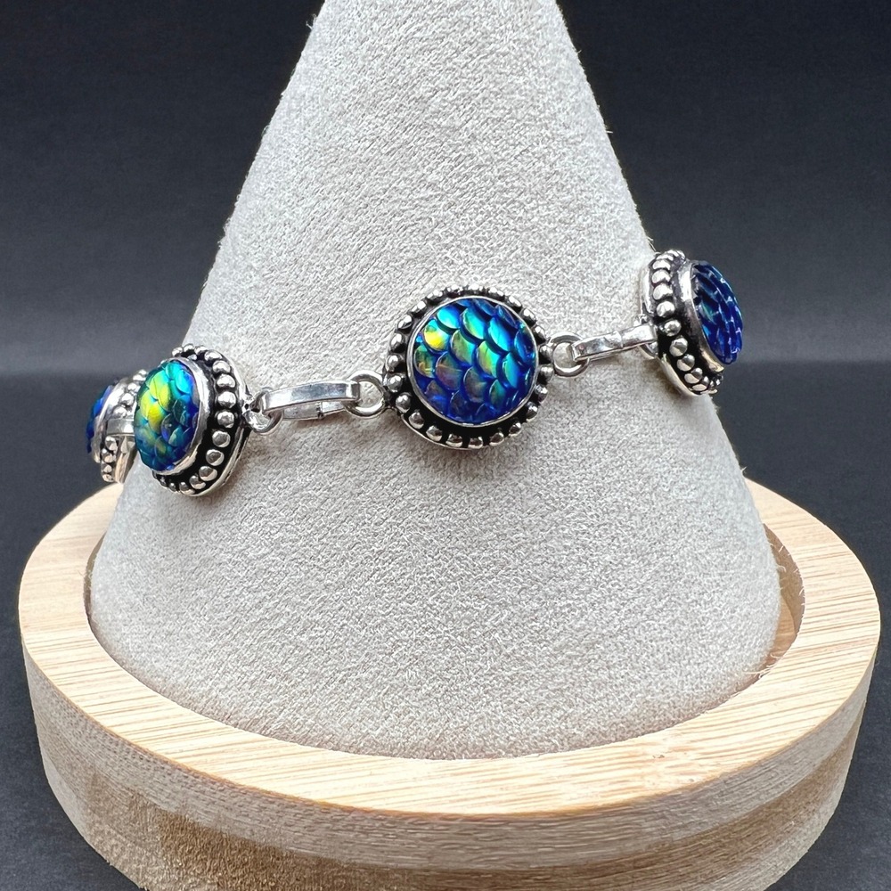 Mermaid Scale Link Bracelet Silver Tone Blue Green Iridescent Dragon Whimsical